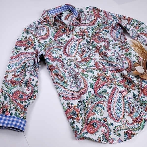 CHAPS White Blue Green Paisley Boho Top M - Picture 11 of 11